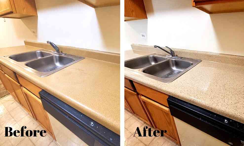 The image shows a before and after of a refinished kitchen countertop, the before shows a muddy brown-colored countertop with kitchen sink and the after shows a light brown stone countertop with sink.